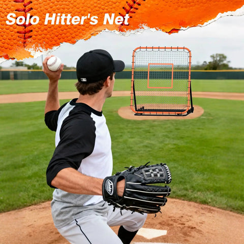 Portable Baseball Rebounder Net For Quick Pro Grade Returns With Four Adjustable Angles, 4 x 4.5 Ft, Orange on baseball field