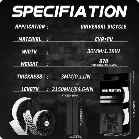 2 Pack Gradient Road Bike Bar Tape with EVA+PU material, 30mm width, 67g weight, 2150mm length, detailed packaging view.