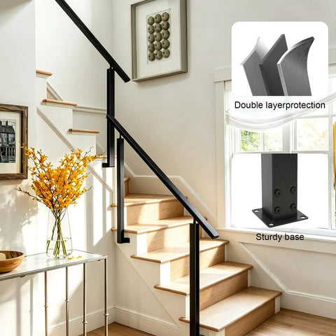 Rock Solid Heavy Duty Black Iron Handrail For Outdoor Steps And Porches Ready To Install Side Mount Staircase Railing on indoor stairs with sturdy support.