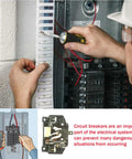 Electrician working with 70 Amp 2 Pole Circuit Breaker For 120/240V Load Centers, hands installing breaker in panel.