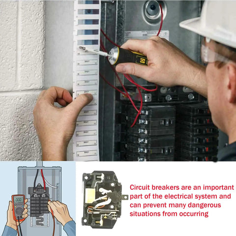 Electrician working with 70 Amp 2 Pole Circuit Breaker For 120/240V Load Centers, hands installing breaker in panel.