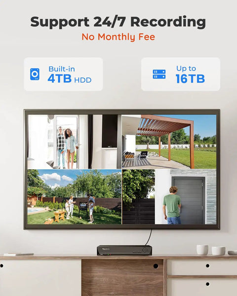 16 Channel 5MP PoE Home Security System With 8 Outdoor Wired Cameras, showing 24x7 recording on monitor with 4TB HDD info