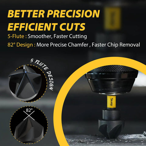 Five Piece Countersink Drill Bit Set With 82 Degree Five Flute Design Nitride Coated High Speed Steel in use on metal