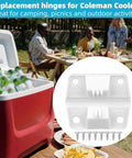 Four Piece Cooler Hinges Replacement Kit With Sixteen Stainless Steel Screws Durable Plastic Hinge Set For Camping Freezers And Ice Chests Includes Handy Storage Box For Easy Spare Parts, shown with open red cooler and outdoor table setup