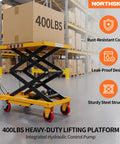 Heavy Duty Hydraulic Lift Table Cart Supporting 400 Pounds Featuring Built Like A Tank Steel Frame And Smooth Foot Pump For No Sweat Loading Plus Easy Hauling Across Shop Floors with lift platform and box