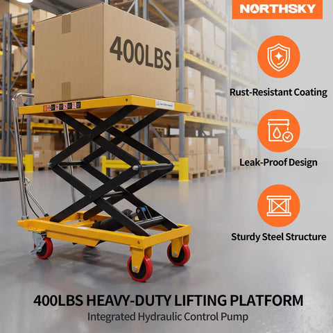 Heavy Duty Hydraulic Lift Table Cart Supporting 400 Pounds Featuring Built Like A Tank Steel Frame And Smooth Foot Pump For No Sweat Loading Plus Easy Hauling Across Shop Floors with lift platform and box