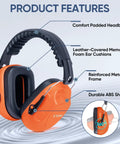 Bright Orange Adjustable Safety Earmuffs For Adults With Real Talk Comfort And Hearing Protection Noise Reduction NRR 26dB For Construction Work And Loud Environments Durable Over Ear Muffs For Shooters And Builders, showcasing comfort padded headband and leather-covered cushions