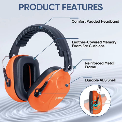 Bright Orange Adjustable Safety Earmuffs For Adults With Real Talk Comfort And Hearing Protection Noise Reduction NRR 26dB For Construction Work And Loud Environments Durable Over Ear Muffs For Shooters And Builders, showcasing comfort padded headband and leather-covered cushions
