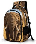 Front view of Unisex Elephant Print Backpack With Wilderness Design featuring an elephant image, polyester fabric, and sturdy zipper.