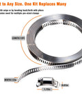 Cut To Size 12 Foot Stainless Steel Hose Clamp Kit With Ten Heavy Duty Fasteners worm gear clamp displayed.