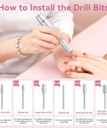 Pro Grade Electric Nail Drill 45000 RPM Cordless Nail File with drill bit installation guide for acrylic and gel nails