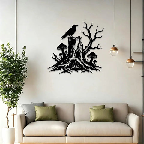 Rustic Black Raven On Tree Stump Hollow Metal Wall Art Sign Durable Cutout Home Decor For Chill Cabin Vibes Totally Sleek Powder Coating Rock Solid Steel Frame