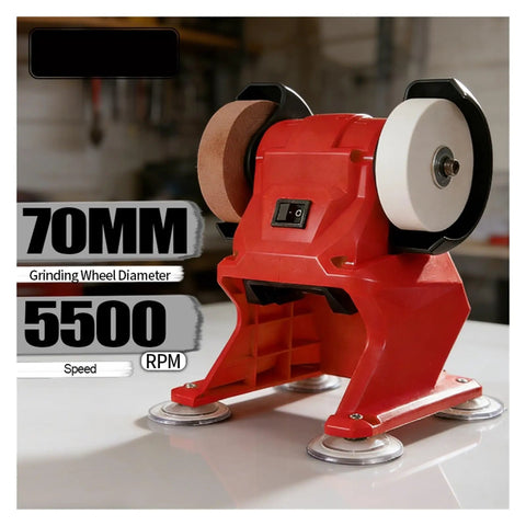 Handheld Cordless Bench Grinder With 75Mm Wheel And 150W Motor, displaying a 70MM wheel and 5500 RPM speed, ideal for knife sharpening.