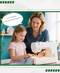 Mother and daughter sewing with sewing machine; inset image of Four Piece Drawstring Threader Tool Set In Stainless Steel.