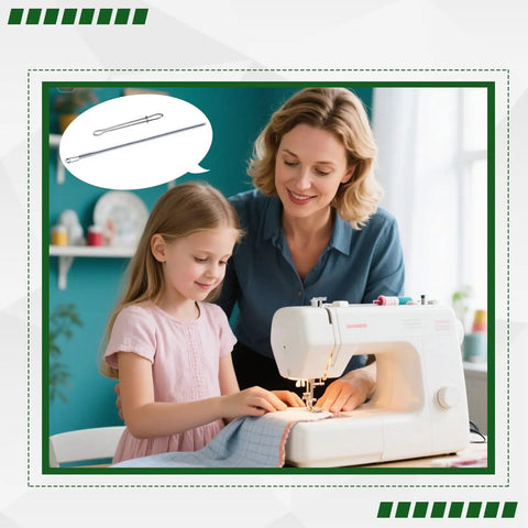 Mother and daughter sewing with sewing machine; inset image of Four Piece Drawstring Threader Tool Set In Stainless Steel.