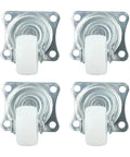 Twelve Piece Set Of One Inch Swivel Casters Featuring Cushioned Rubber Wheels And Polished Silver Ball Bearings, four casters shown.