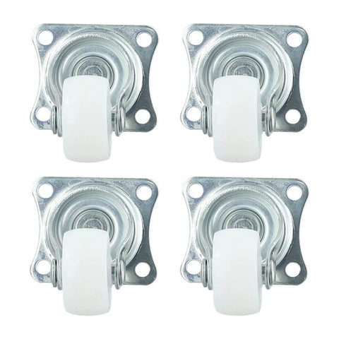 Twelve Piece Set Of One Inch Swivel Casters Featuring Cushioned Rubber Wheels And Polished Silver Ball Bearings, four casters shown.