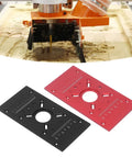 Top Shelf Aluminum Alloy Router Table Insert Plate With Wicked Smooth Lift System And Two Swap Ready Rings For Garage Woodworking Benches Shop Badass Heavy Duty Router Base Board Accessory Sharp Red Finish, black and red plates with ruler engravings.