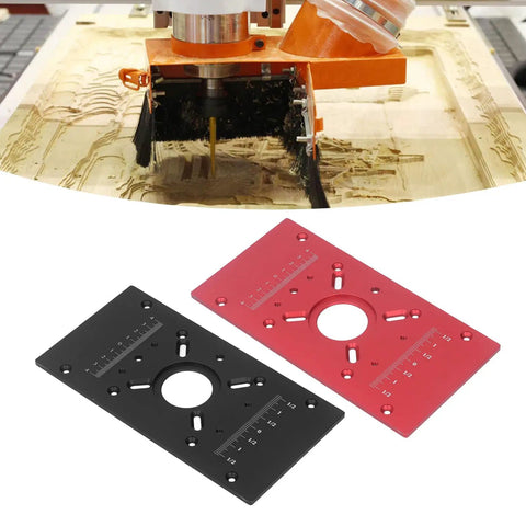 Top Shelf Aluminum Alloy Router Table Insert Plate With Wicked Smooth Lift System And Two Swap Ready Rings For Garage Woodworking Benches Shop Badass Heavy Duty Router Base Board Accessory Sharp Red Finish, black and red plates with ruler engravings.
