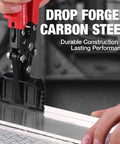 Close-up of WORKPRO 3-inch sheet metal bender and seamer with red handle and steel jaws bending a metal sheet.