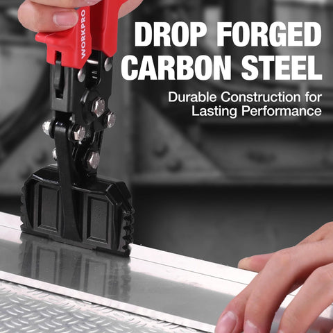 Close-up of WORKPRO 3-inch sheet metal bender and seamer with red handle and steel jaws bending a metal sheet.