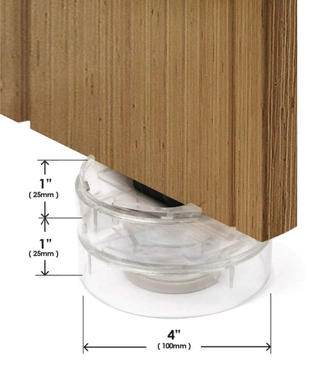 Heavy Duty Clear Stackable Furniture Risers Set Of 8 Adjustable Bed Lifters With Secure Grip 1 To 3 Inch Flexible Lift Acrylic Foot Expanders For Couches Shelves And Nightstands No Sweat Setup under a wooden desk, showing dimensions.