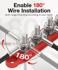 Built Like A Tank 12 Volt 250A Bus Bar And Power Distribution Block With Durable Cover for 180-degree wire installation angle.