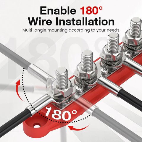 Built Like A Tank 12 Volt 250A Bus Bar And Power Distribution Block With Durable Cover for 180-degree wire installation angle.