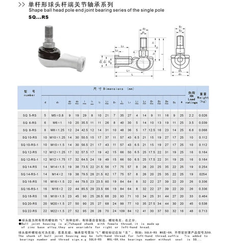 Eight Pack 6mm Steel Rod End Joints 90 Degree Square Male Ball Links detailed dimensions and specifications chart.