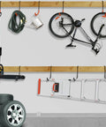Heavy Duty Rafter Hanger Set for Garage and Workshop, Large S Hooks with Non Slip Coating holding tools, bike, ladder, tires