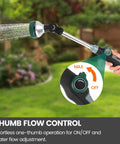 Person demonstrating thumb flow control on 17.5 Inch Garden Hose Watering Wand With Eight Spray Patterns.