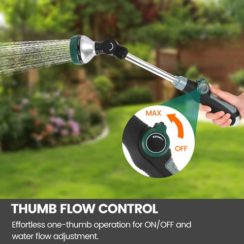 Person demonstrating thumb flow control on 17.5 Inch Garden Hose Watering Wand With Eight Spray Patterns.