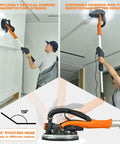 Built Tough Electric Drywall Sander With Full Vacuum Dust Collection, Handles Popcorn Ceilings Like A Champ, 6 Variable Speed Telescopic Wall Tool, Bright LED Light And 18 Sanding Discs Ready To Roll in action, sanding a ceiling with 150° pivoting head.