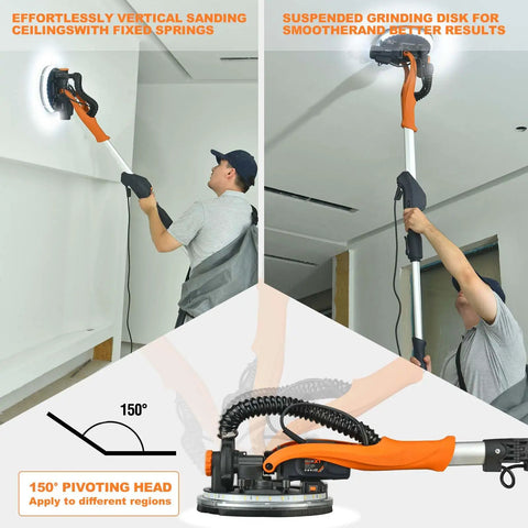 Built Tough Electric Drywall Sander With Full Vacuum Dust Collection, Handles Popcorn Ceilings Like A Champ, 6 Variable Speed Telescopic Wall Tool, Bright LED Light And 18 Sanding Discs Ready To Roll in action, sanding a ceiling with 150° pivoting head.