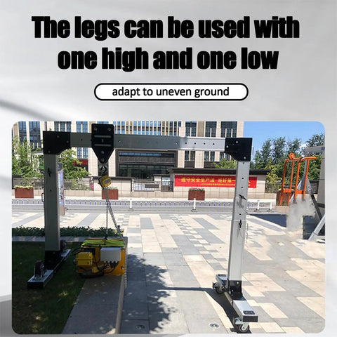 Rock Solid Portable Gantry Crane Heavy Duty Aluminum Alloy Lifting Rig 4400 Lbs Capacity with adjustable legs on uneven ground.