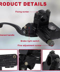 Universal Left Hydraulic Brake Master Cylinder for Seven Eighths Inch Handlebars On Moto ATV Pit Bike Dirt Bike GY6 Engine 50cc To 250cc With Durable Alloy Lever, detailed view showing components and mounting features.