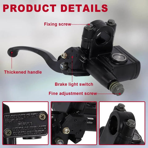 Universal Left Hydraulic Brake Master Cylinder for Seven Eighths Inch Handlebars On Moto ATV Pit Bike Dirt Bike GY6 Engine 50cc To 250cc With Durable Alloy Lever, detailed view showing components and mounting features.