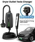 Straight Up Heavy Duty Nema 10 30 Level 2 EV Charger With Rock Solid Nacs Connector And Smooth 10 To 24 Amp Dial For Hassle Free Tesla Home Charging That Just Works Across Ford Gm And Rivian Models Today with coiled cable and car.