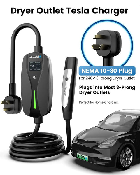 Straight Up Heavy Duty Nema 10 30 Level 2 EV Charger With Rock Solid Nacs Connector And Smooth 10 To 24 Amp Dial For Hassle Free Tesla Home Charging That Just Works Across Ford Gm And Rivian Models Today with coiled cable and car.