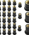 30 Piece Rubber Brass Nut Kit M4 M5 M6 For Motorcycles Windshield Well Nuts And Vehicle Body Fasteners Bumpers Mudguards Easy Install And Secure Fit On Every Ride, assorted black and brass nuts displayed.