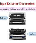 Comparison of RAM truck front with and without Blue Front Tow Hook Covers For RAM 2500 And 3500, 2019-2026, Hitch Cover Replacement.