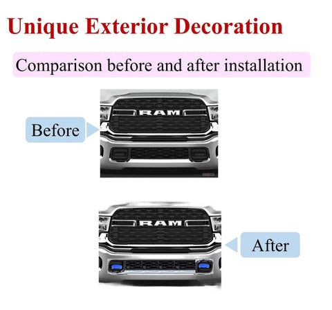 Comparison of RAM truck front with and without Blue Front Tow Hook Covers For RAM 2500 And 3500, 2019-2026, Hitch Cover Replacement.