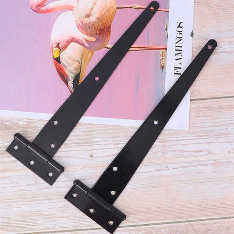Tough As Nails T Shape Triangular Door Hinge With Ball Bearings Premium Iron Build offset screws shown on wood background.