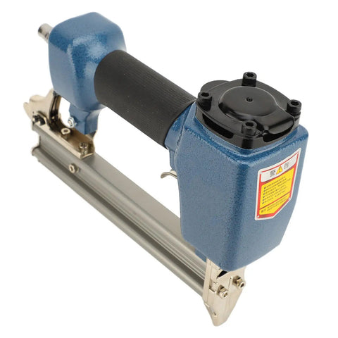 Heavy Duty Air Brad Nailer Pneumatic Nail Tool Built Tough With Durable Cast Aluminum angled view showcasing grip and nail chamber.