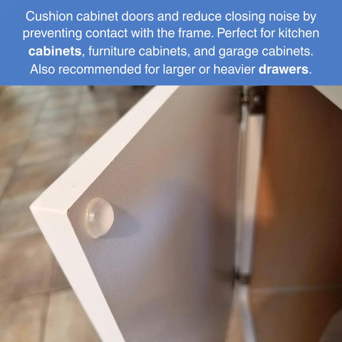 Ultra Quiet Cabinet And Drawer Bumpers 48 Pack, showing bumper on cabinet door to reduce noise