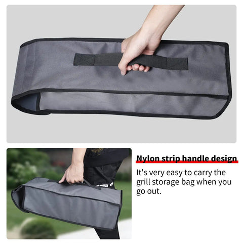 Waterproof Grill Tool Storage Bag With Foldable Design Portable BBQ Utensil Organizer in use, showing nylon strip handle.