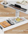 Top view of Mobile Standing Desk On Wheels With Drawer, 28 Inch Rolling Laptop Cart With Cup Holder And Hooks, Height Adjustable Workstation showcasing storage and design features.