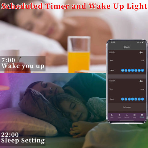 Scheduled timer and wake-up light settings with RGB LED strip on app; morning and night scenes with family sleeping.