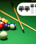 Top Shelf Blue Pool Cue Tips Replacement Kit With Ten Tough Plastic Cue Rings And Twenty Premium Genuine Leather Billiard Club Heads For Quick Rack Maintenance on a green felt table with pool balls.