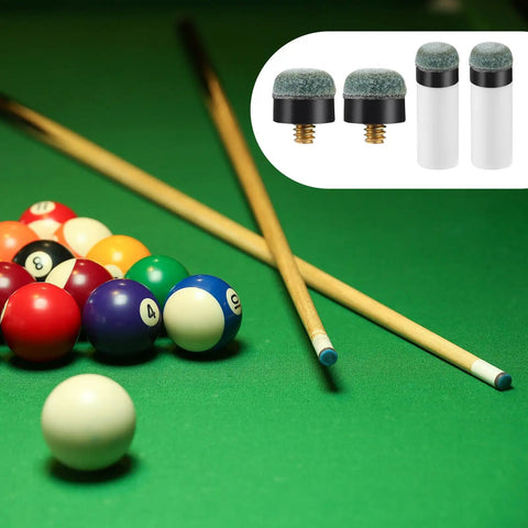 Top Shelf Blue Pool Cue Tips Replacement Kit With Ten Tough Plastic Cue Rings And Twenty Premium Genuine Leather Billiard Club Heads For Quick Rack Maintenance on a green felt table with pool balls.